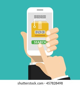 Hand holding smartphone with order tracking on the screen. Vector flat illustration.