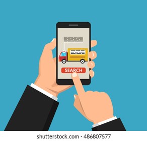 Hand holding smartphone with order tracking on the screen. Vector flat illustration.