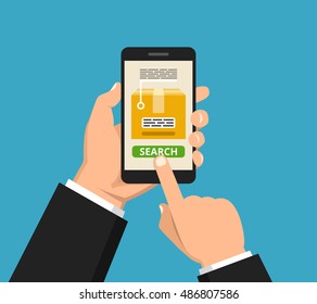 Hand holding smartphone with order tracking on the screen. Vector flat illustration.