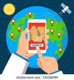 Hand holding smartphone with order tracking on the screen. online concept. Earth on the background. Vector flat illustration.