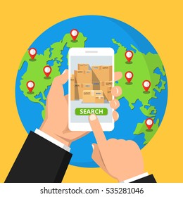 Hand holding smartphone with order tracking on the screen. online concept. Earth on the background. Vector flat illustration.