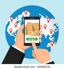 Hand holding smartphone with order tracking on the screen. online concept. Earth on the background. Vector flat illustration.
