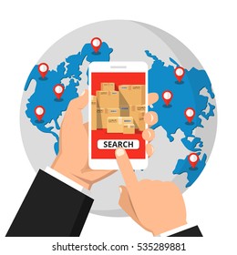 Hand holding smartphone with order tracking on the screen. Tracking online concept. Earth on the background. Vector flat illustration.