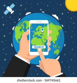Hand holding smartphone with order tracking on the screen. Tracking online concept. Earth on the background. Vector flat illustration.