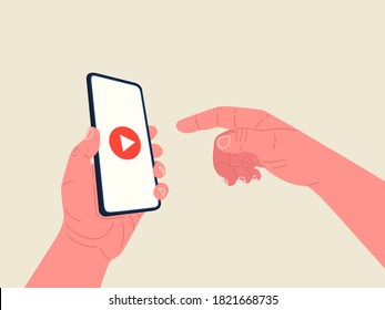 Hand holding smartphone and other hand reaches the screen to start the video. Video player on screen. Vector illustration.