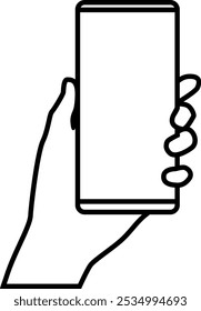 Hand holding smartphone. Outline vector icon illustration with transparent background.
