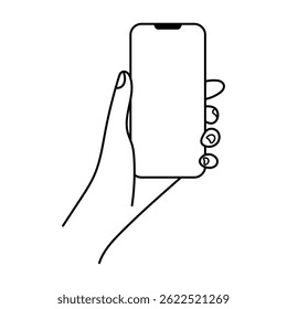 Hand Holding Smartphone Outline Vector Illustration. Minimalistic black and white vector illustration of a human hand holding a modern smartphone.