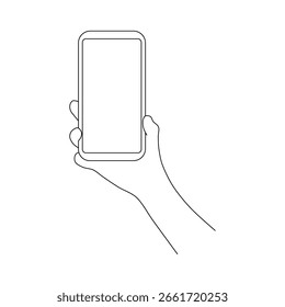 Hand Holding Smartphone Outline Vector Illustration. Minimalist line art of a human hand holding a smartphone. Clean black outline drawing isolated on white background.