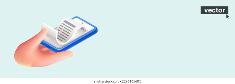 Hand holding smartphone with paper bill. Isometric illustration for web banner. Realistic 3D objects. Vector element in fun cartoon plastic style. Online checkout for transfer to the buyer or client.