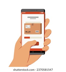 Hand Holding Smartphone With Parcel Delivery Application on Its Screen. Vector Illustration in Flat Design Style