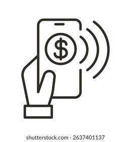 hand holding smartphone, pay with phone icon, online payment, payment completed, thin line vector illustration