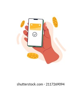 Hand holding smartphone and paying online with digital virtual bank card. Cashless payment through internet with mobile phone application. Flat vector illustration isolated on white background