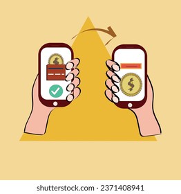 Hand holding smartphone and paying online with digital virtual bank card cashless payment. Transfer money by online internet banking all around the world illustration. 