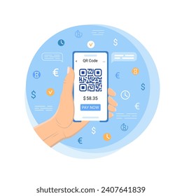 A hand holding a smartphone, paying with a QR code technology. Contactless mobile payment. Smart Technology concept. Fast money send service. Vector illustration in flat style