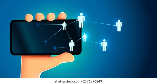 Hand holding smartphone with people icons. Social network or social media concept. Vector illustration