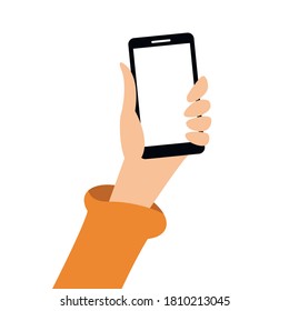 Hand holding a smartphone. Person using a smartphone. Vector illustration in a flat style.