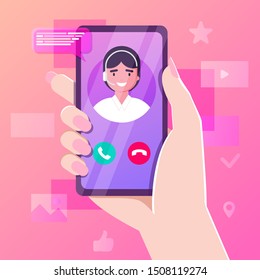 Hand holding smartphone with personal assistant service app. Advice supporting feedback, hotline talk chat. customer support call center and online advice service. online supporter agent