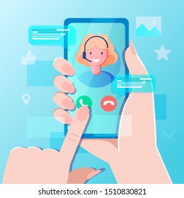 Hand holding smartphone with personal assistant service app. Advice supporting feedback, hotline talk chat. customer support call center and online advice service. online supporter agent