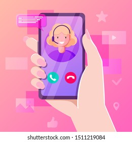 Hand holding smartphone with personal assistant service app. Advice supporting feedback, hotline talk chat. customer support call center and online advice service. online supporter agent