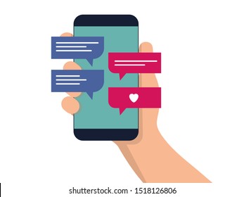 hand holding smartphone, phone with message. Vector flat cartoon illustration for web sites and banners design. chatting bubble speeches, concept of online talking, speak, conversation, dialog