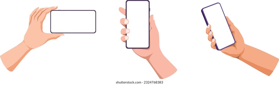 Hand holding smartphone, phone mockup, empty screen, copy space, application on touch screen device isolated on white background.  Vector illustration.