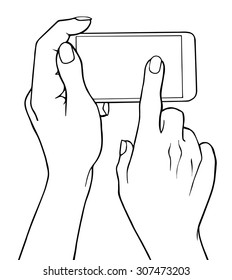 Hand holding smartphone. Phone touch gestures, touch screen.  Vector illustration outline   isolated on white background.