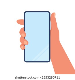 Mano sosteniendo un teléfono inteligente. Teléfono en mano. Ilustración vectorial aislada sobre fondo blanco