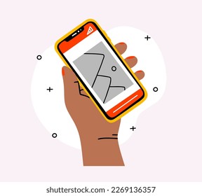 Hand holding smartphone with photo icon on smartphone screen. Multimedia, photo album application concept. Modern simple flat design for web banners, website, infographics. Creative vector 