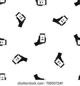Hand holding smartphone with photo pattern repeat seamless in black color for any design. Vector geometric illustration