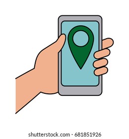 hand holding smartphone with pin map app