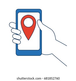 hand holding smartphone with pin map app