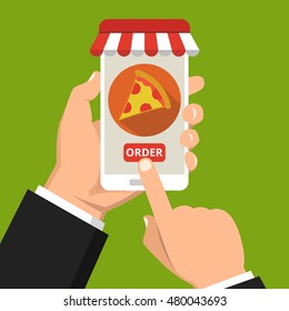 Hand holding smartphone with pizza on the screen. Order fast food concept. Flat vector illustration.