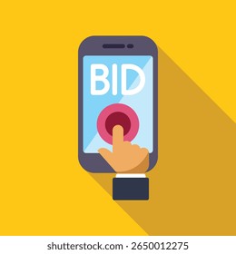 Mão segurando smartphone e fazendo oferta usando aplicativo móvel on-line