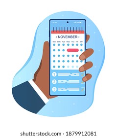 Hand holding smartphone with planner app on screen. Reminder, appointment concepts. Hand holds smartphone with calendar and checklist. Task management, schedule planner. Modern flat design