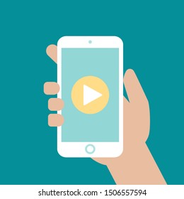 Hand holding smartphone with play button.  flat vector illustration isolated on blue. tutorial, online course, application, media player. Watch video.