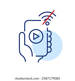 Hand holding smartphone, player and no wi-fi symbol. Offline mode, limited connectivity and video streaming pause. Pixel perfect, editable stroke vector icon