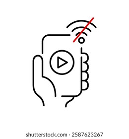 Hand holding smartphone, player and no wi-fi symbol. Offline mode, limited connectivity and video streaming pause. Pixel perfect, editable stroke vector icon