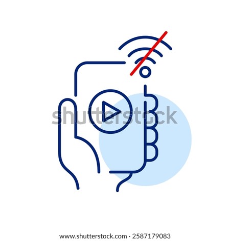 Hand holding smartphone, player and no wi-fi symbol. Offline mode, limited connectivity and video streaming pause. Pixel perfect, editable stroke vector icon