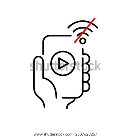 Hand holding smartphone, player and no wi-fi symbol. Offline mode, limited connectivity and video streaming pause. Pixel perfect, editable stroke vector icon