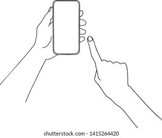 Hand holding a smartphone and pointing with finger.  Hand drawn vector illustration. 