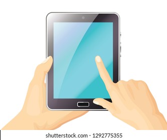 Hand holding smartphone and pointing on the blank screen. Digital tablet with blue screen in hands isolated on white background. Vector illustration.