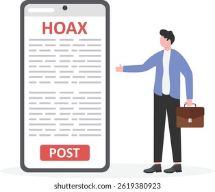 Man’s hand holding a smartphone posts fake news, consider before posting news, hoax, vector illustration

