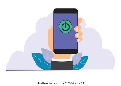 Mano que sostiene el smartphone con el Botón de energía en la pantalla