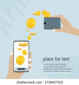 Mano sujetando el smartphone y pulse el botón enviar. Ilustración vectorial de transferencia de dinero en línea.