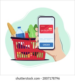Hand holding a smartphone, products, food order, online shopping
