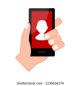 Hand holding a smartphone with a profile app