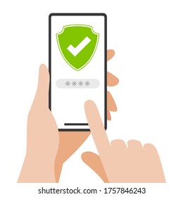 Hand holding smartphone with protection shield.Vector illustration of phone system protection.