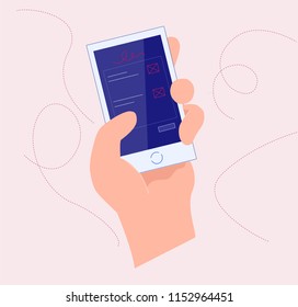 Hand holding smartphone with purple screen on pink background. Hand holds the smartphone and finger touches screen. Modern Flat design illustration.