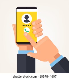 Hand holding smartphone and pushing button with finger. Modern communication technology concept. Vector flat cartoon isolated graphic design illustration