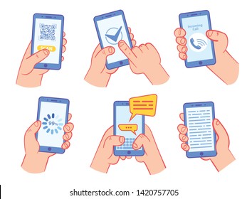 Hand holding smartphone with QR code, page load, online survey, internet voting, chatting, incoming call, screen reading, Internet access. Vector illustration. Isolated on white background